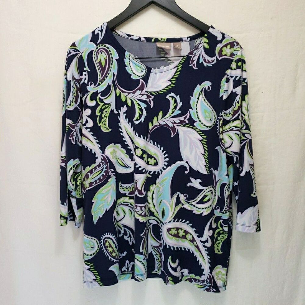 Chicos Size 2 US L  Paisley Stretch Blouse 3/4 Sleeves Career Casual Blue